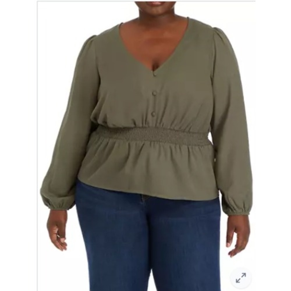 New Gypsies & Moondust Top 1X Olive Green Peplum Smocked Waist Long Sleeve Boho